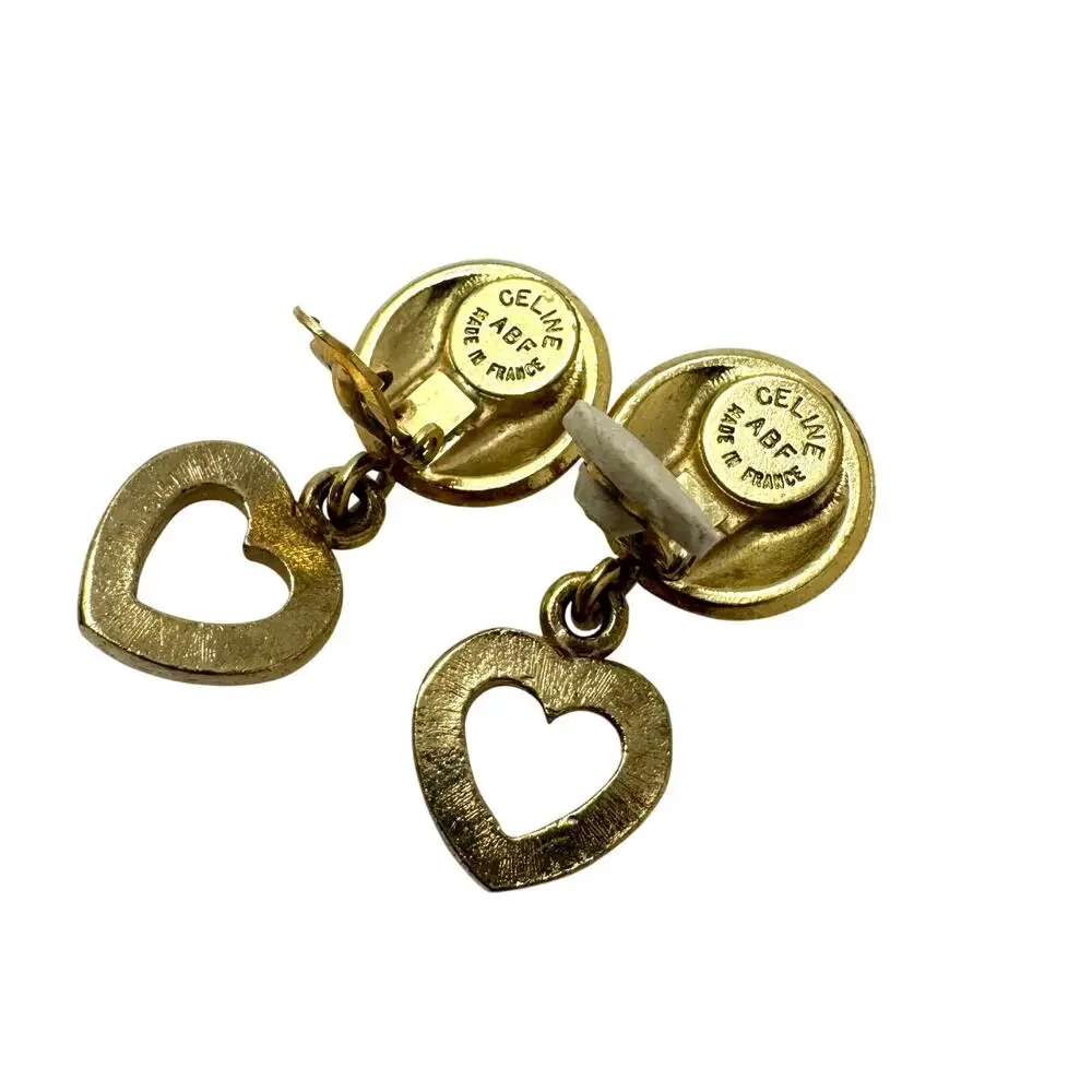Celine Vintage Paris Heart Logo Clip-On Earrings 80’s Gold Tone Made in France
